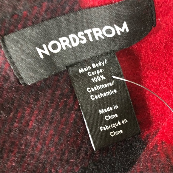 Nordstrom 100% Cashmere Scarf Red Buffalo Check Black Fringe New Soft - Picture 2 of 7